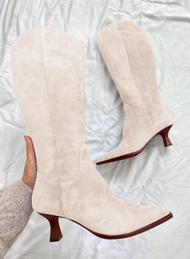 Coutgo Womens Wide Calf Knee High Boots Kitten Heel Pointed Toe Tall Boots Side Zipper Fall Winter Shoes, Beige, 8 - Image 2