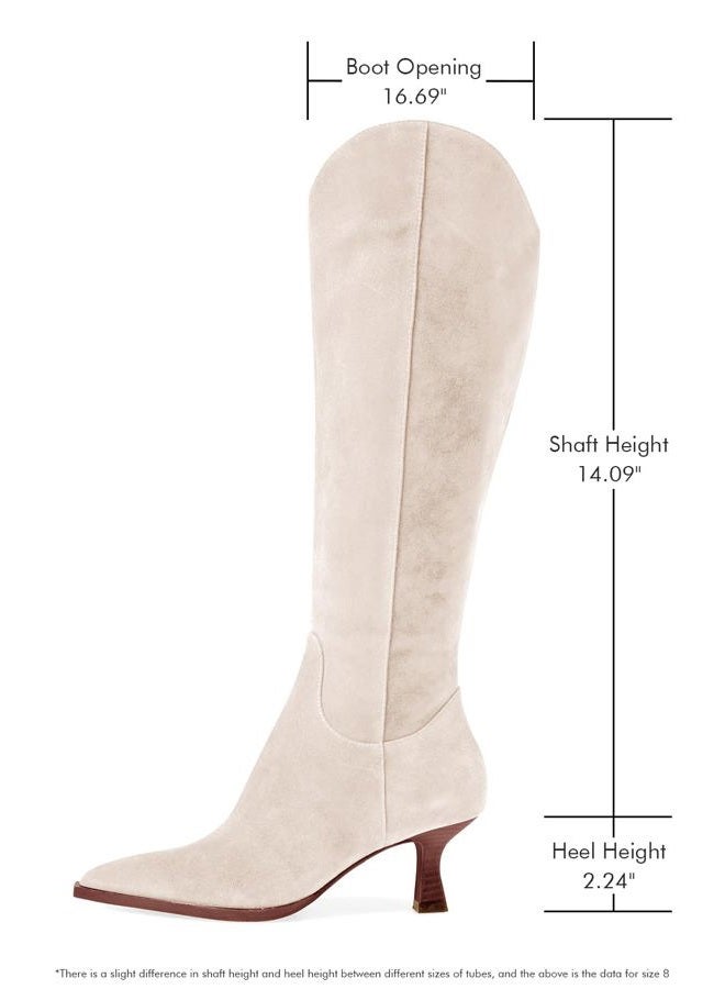 Coutgo Womens Wide Calf Knee High Boots Kitten Heel Pointed Toe Tall Boots Side Zipper Fall Winter Shoes, Beige, 8 - Image 4