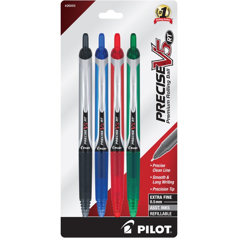 Pilot Precise V5 RT Refillable & Retractable Rolling Ball Pens, Extra Fine Point Pens, 0.5 mm, Black/Blue/Red/Green, Pack of 4 - Ideal for School, Journaling & Office Writing - Image 1