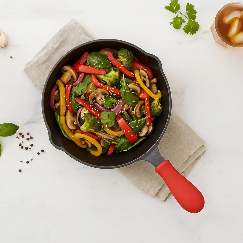 Home Essentials 24cm Cast Iron Frying Pan/Skillet with Long Handle & Silicone Grip | Pre-Seasoned, Induction Friendly | Non-Stick Pan | 100% Pure Cast Iron, Toxin-Free & Chemical-Free | Black - Image 1