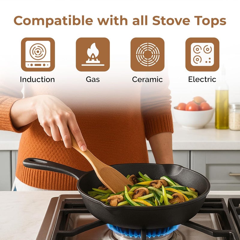 Home Essentials 24cm Cast Iron Frying Pan/Skillet with Long Handle & Silicone Grip | Pre-Seasoned, Induction Friendly | Non-Stick Pan | 100% Pure Cast Iron, Toxin-Free & Chemical-Free | Black - Image 2