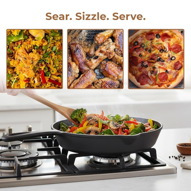 Home Essentials 24cm Cast Iron Frying Pan/Skillet with Long Handle & Silicone Grip | Pre-Seasoned, Induction Friendly | Non-Stick Pan | 100% Pure Cast Iron, Toxin-Free & Chemical-Free | Black - Image 4