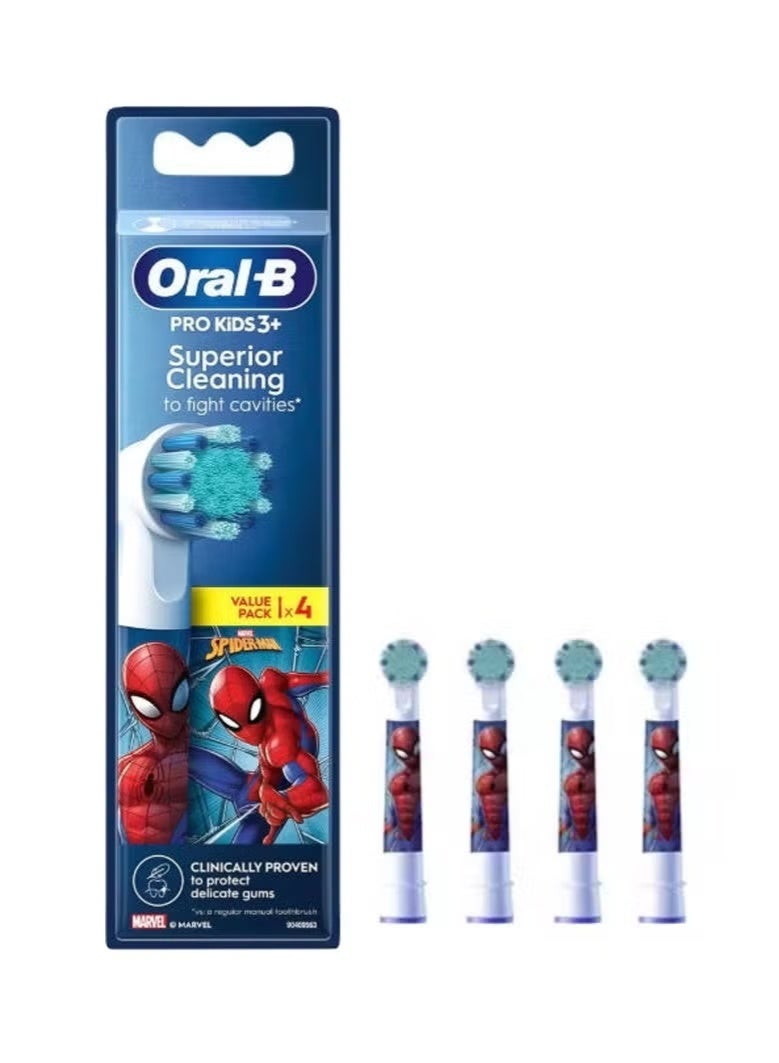 Oral-B Pro Kids Electric Toothbrush Head, With Spiderman Characters, Extra Soft Bristles, For Ages 3+, Pack of 4 Toothbrush Heads, White