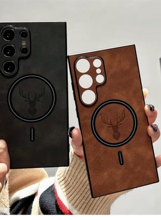 Lambskin Leather Elk Pattern Case For Samsung S24 Ultra Shockproof Magnetic For Magsafe Wireless Charge Cover Soft Faux Leather Phone Case,[Compatible with Mag-Safe] Premium Protective Cover (Brown) - view 5