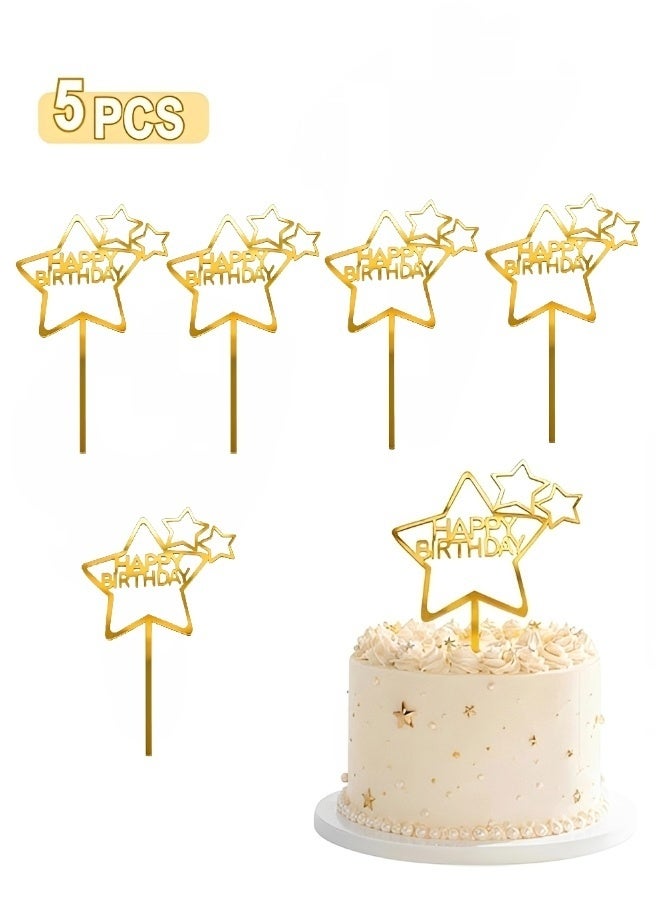5 PCS Gold Star Happy Birthday Acrylic Cake Toppers Mirror Surface Reusable Dessert Picks Pre-assembled Cake Decor for Birthday Baby Shower Party Supplies - Image 1