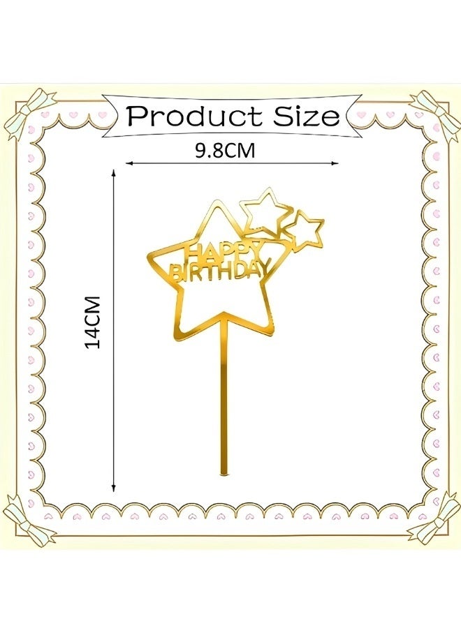 5 PCS Gold Star Happy Birthday Acrylic Cake Toppers Mirror Surface Reusable Dessert Picks Pre-assembled Cake Decor for Birthday Baby Shower Party Supplies - Image 2
