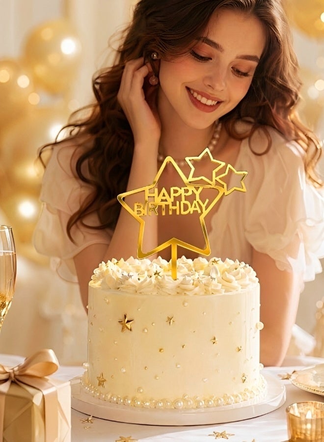 5 PCS Gold Star Happy Birthday Acrylic Cake Toppers Mirror Surface Reusable Dessert Picks Pre-assembled Cake Decor for Birthday Baby Shower Party Supplies - Image 5