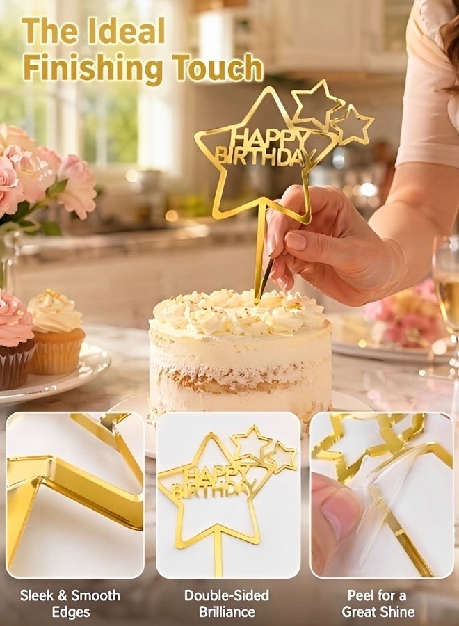 5 PCS Gold Star Happy Birthday Acrylic Cake Toppers Mirror Surface Reusable Dessert Picks Pre-assembled Cake Decor for Birthday Baby Shower Party Supplies - Image 4