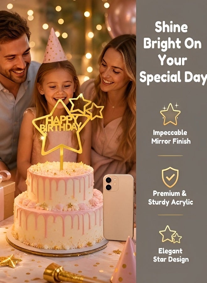 5 PCS Gold Star Happy Birthday Acrylic Cake Toppers Mirror Surface Reusable Dessert Picks Pre-assembled Cake Decor for Birthday Baby Shower Party Supplies - Image 3