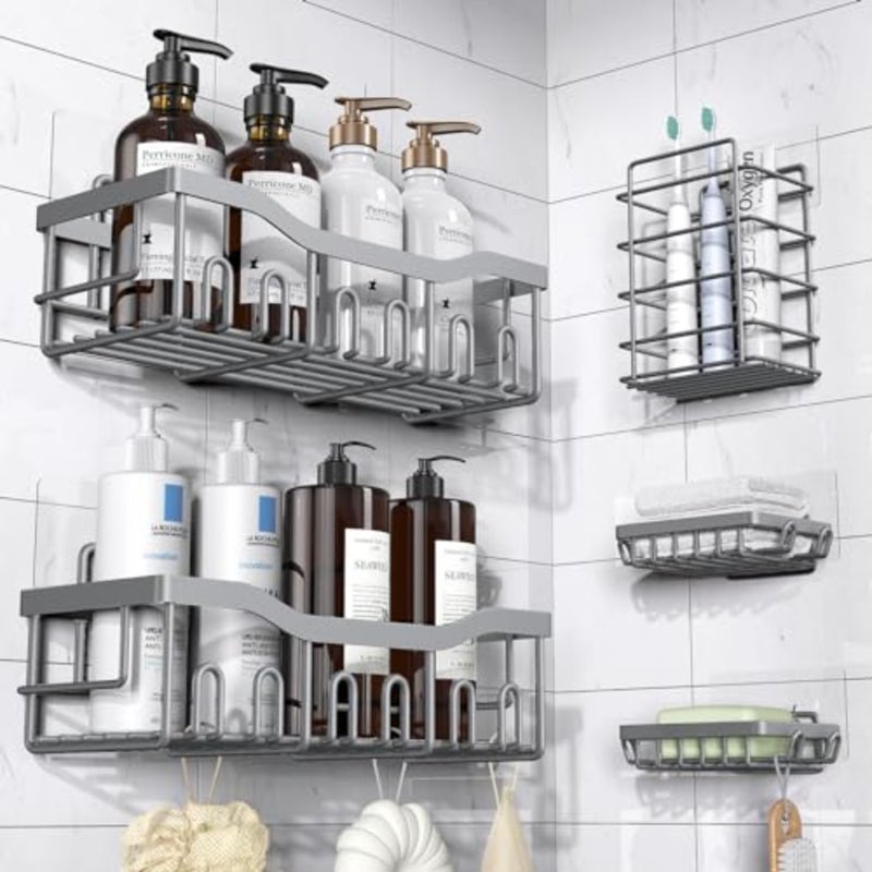 Adhesive Shower Caddy, 5 Pack Rustproof Stainless Steel Bath Organizers With Large Capacity, No Drilling Shelves for Bathroom Storage and Home Decor