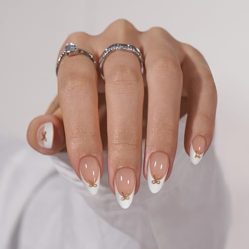 BTArtbox Press on Nails Short -White Designed French Tip Press On Nails Almond with Bow, Glue On Nails for Gifts, Natural Stick On Nails in 16 Sizes - 32 Fake Nails Kit, Dinner Star - Image 1