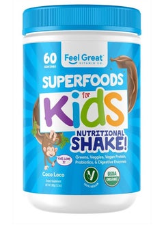 Feel Great 365 Feel Great Vitamin Co. USDA Organic Green Superfood Kid's Protein Powder, Chocolate Vegan Smoothie Mix with Greens, Vitamins, Probiotics, Antioxidants & Natural Enzyme Support  - Image 1