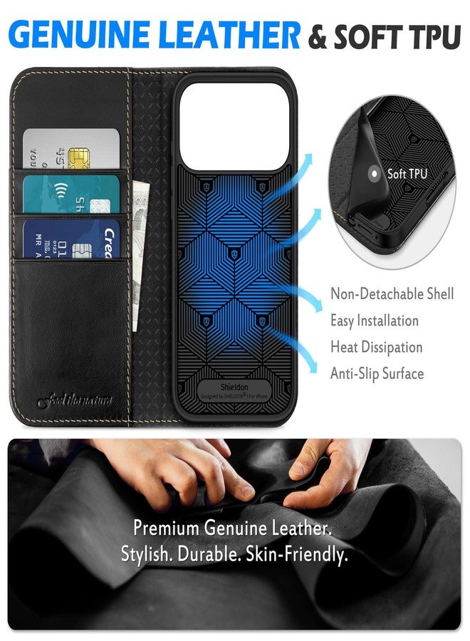 شيلدون جراب SHIELDON المحفظة لهاتف iPhone 17 Pro Max مقاس 6.9 بوصة بتقنية 5G، مصنوع من الجلد الطبيعي، مزود بتقنية حجب RFID، وحامل للبطاقات، وحامل مدمج، ومقاوم للصدمات، وغطاء قلاب مغناطيسي، وقابل للطي، وفتحات للأحزمة، وواقي - أسود كلاسيكي - Image 3