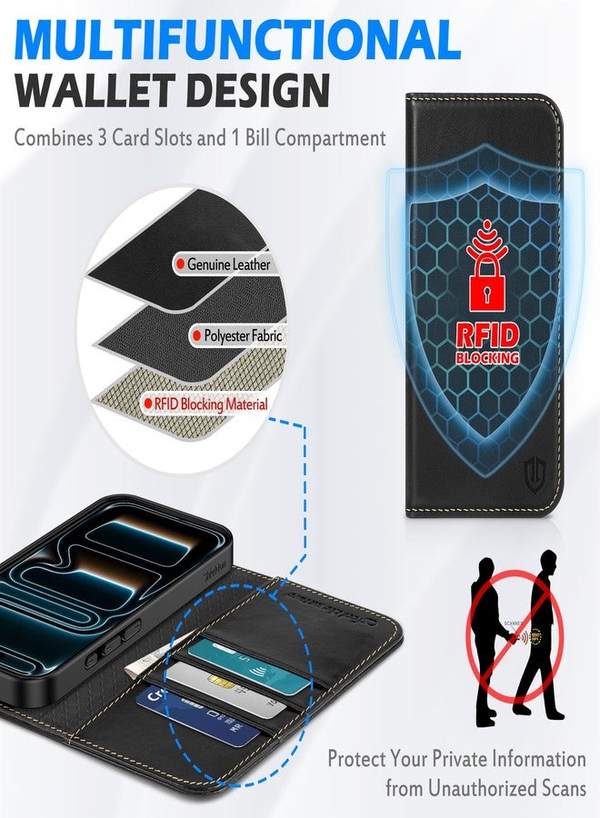 شيلدون جراب SHIELDON المحفظة لهاتف iPhone 17 Pro Max مقاس 6.9 بوصة بتقنية 5G، مصنوع من الجلد الطبيعي، مزود بتقنية حجب RFID، وحامل للبطاقات، وحامل مدمج، ومقاوم للصدمات، وغطاء قلاب مغناطيسي، وقابل للطي، وفتحات للأحزمة، وواقي - أسود كلاسيكي - Image 4