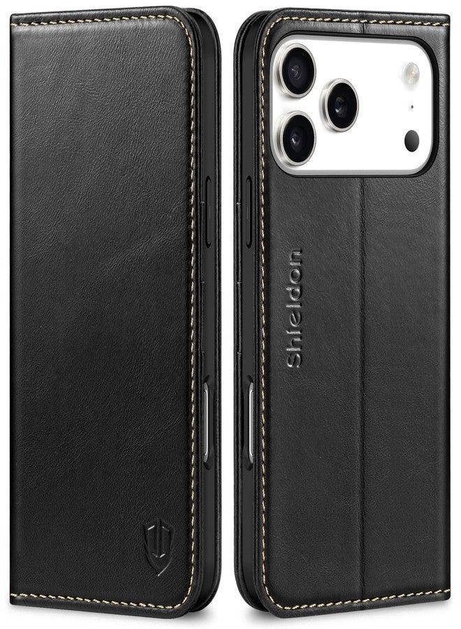 شيلدون جراب SHIELDON المحفظة لهاتف iPhone 17 Pro Max مقاس 6.9 بوصة بتقنية 5G، مصنوع من الجلد الطبيعي، مزود بتقنية حجب RFID، وحامل للبطاقات، وحامل مدمج، ومقاوم للصدمات، وغطاء قلاب مغناطيسي، وقابل للطي، وفتحات للأحزمة، وواقي - أسود كلاسيكي - Image 1