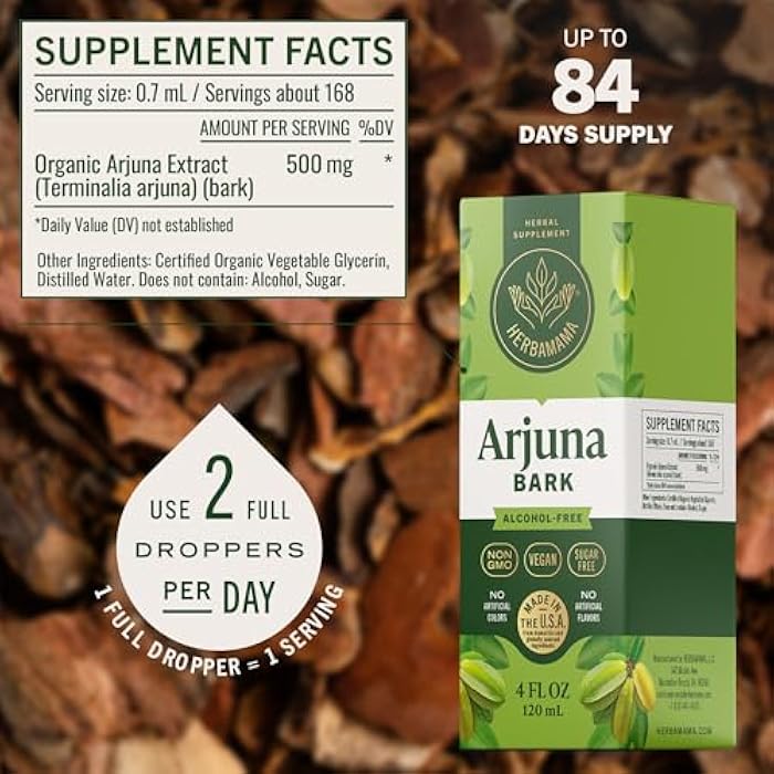 HERBAMAMA Arjuna Tincture - Vegan Antioxidant Support with Terminalia Arjuna Bark Extract Drops - Non-GMO, Alcohol & Sugar-Free Liquid Supplement, 84-Day Supply - Image 3