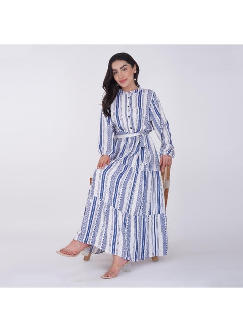 Linelle White and Blue Printed Tiered Maxi Dress – Mandarin Collar with Elastic Cuffs