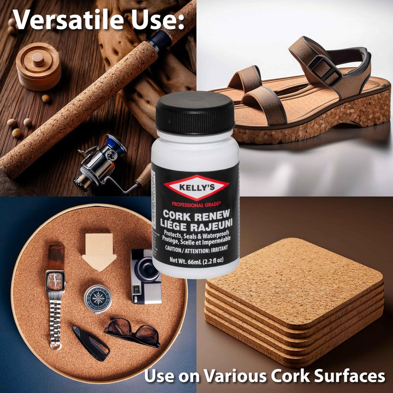 Fiebing's Kelly's Cork Renew Sealer (2.2 fl oz) - Waterproof & Protect Cork Surfaces w/ Brush Applicator - Water Based Formula Dries Clear, Prevents Drying & Breaking Down of Sandles, Shoes, Fishing Rod, Coasters  - Image 3