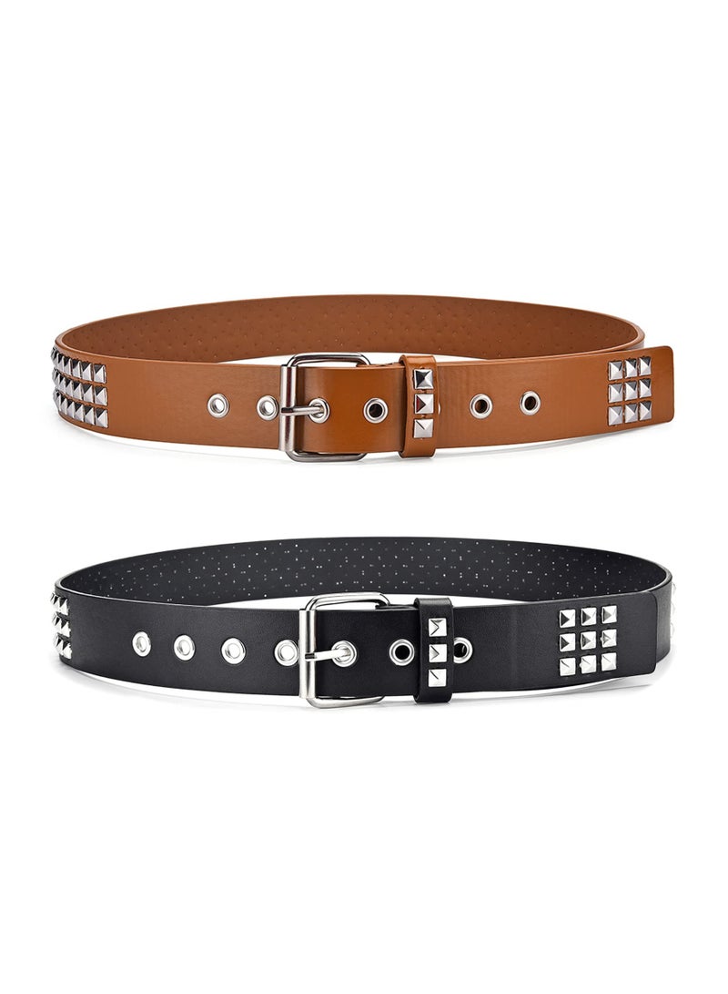 Zikra 2 Pcs Rivet Studded Punk Belt Unisex Pyramid Metal Belt Classic Leather Belt Black Studded Belt Leather Vintage Punk Rock Grommet Belt for Women Men Jeans Belt Clothing Accessories 2 Colors - Image 1