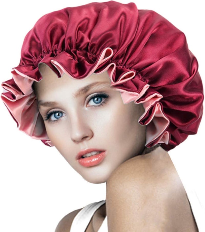 Wallfire Satin Bonnet Shower Cap Women - Extra Large, Dual-layer, Reversible, Adjustable Sleeping Cap Head Cover Bathing Hat