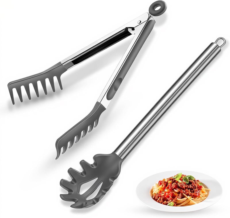 Nryul Spaghetti Spoon and Pasta Tong with Grip Teeth and Drain Holes, 2-Piece Non-Stick Silicone Head with Stainless Steel Handle, Heat Resistant Food Grade Utensils for Cooking, Serving, Salad and Noodles - Image 1