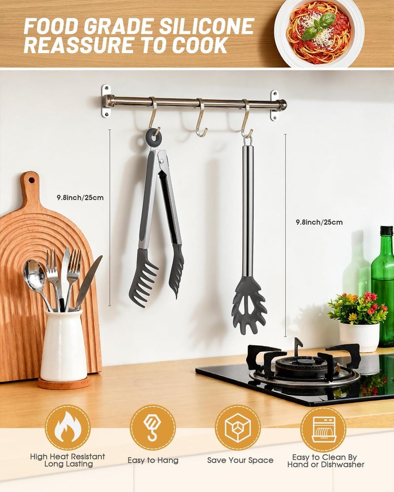 Nryul Spaghetti Spoon and Pasta Tong with Grip Teeth and Drain Holes, 2-Piece Non-Stick Silicone Head with Stainless Steel Handle, Heat Resistant Food Grade Utensils for Cooking, Serving, Salad and Noodles - Image 2