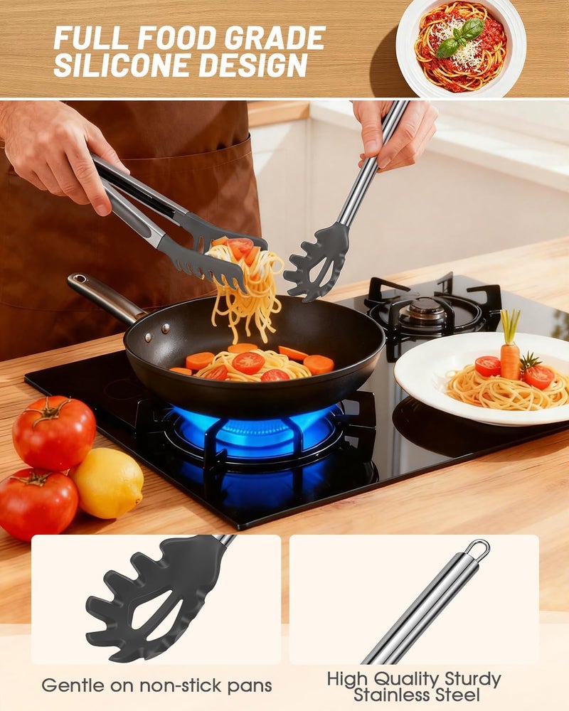 Nryul Spaghetti Spoon and Pasta Tong with Grip Teeth and Drain Holes, 2-Piece Non-Stick Silicone Head with Stainless Steel Handle, Heat Resistant Food Grade Utensils for Cooking, Serving, Salad and Noodles - Image 3
