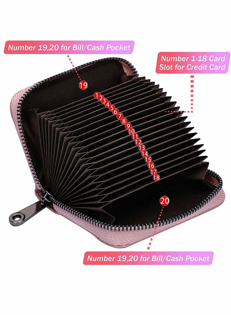 SYOSI Card Cases, RFID 20 Card Slots Credit Card Holder Genuine Leather Small Card Case for Women or Men Accordion Wallet with Zipper (Pink) - Image 2