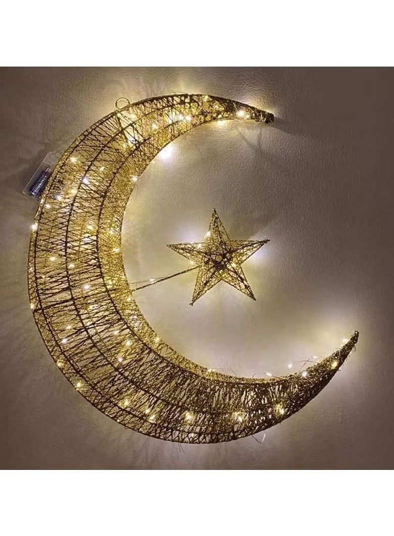 Ramadan Lantern and Ramadan Decorations for Home, Eid Mubarak Hilal Crescent Led Light with Battery Decoration and Lights for Room Decoration 30 cm size Gold Moon - Image 1