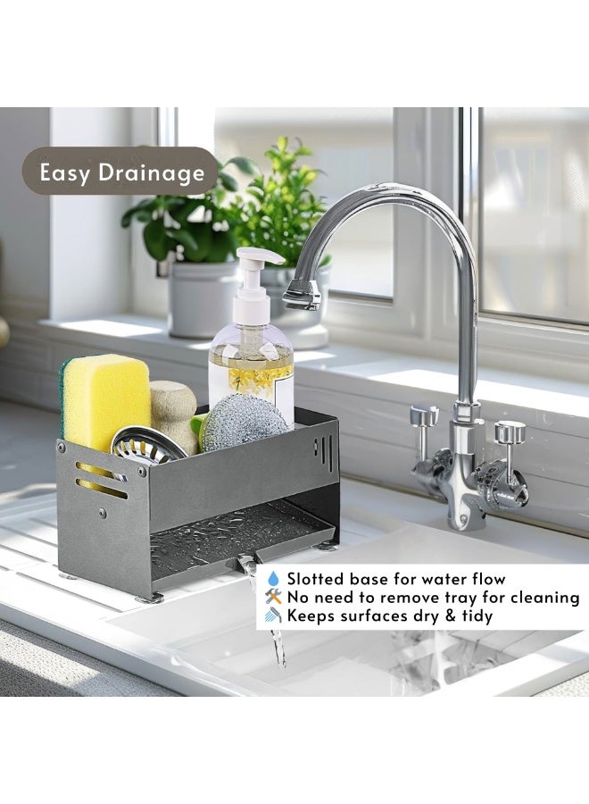 فيو حامل حوض المطبخ من الفولاذ الكربوني مع صينية تصريف - حامل حوض المطبخ لحمل الإسفنج مع تصريف - ملحقات المطبخ لترتيب حوض المطبخ - حامل مضخة الصابون مع الإسفنج - حامل مضخة الصابون - حامل منشفة طبق لج瓶 المنظفات - مصفاة الحوض - أغطية الحوض - رف متعدد الوظائف مع تصريف تلقائي وصينية قابلة للإزالة - رف تخزين الحمام لمستحضرات التجميل - منظم سطح الطاولة لمستحضرات التجميل. - Image 5