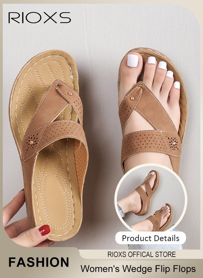 RIOXS Women's Fashion Wedge Flip Flops Casual Summer Slippers with Arch Support Staps Non-slip Platform Sandals for Indoor or Outdoor Use  - Image 1