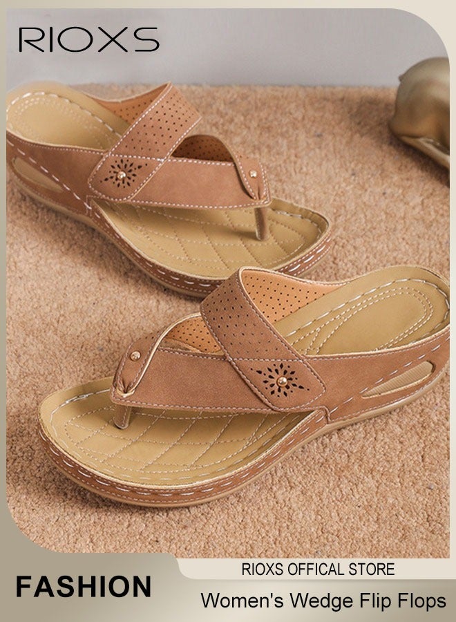RIOXS Women's Fashion Wedge Flip Flops Casual Summer Slippers with Arch Support Staps Non-slip Platform Sandals for Indoor or Outdoor Use  - Image 5