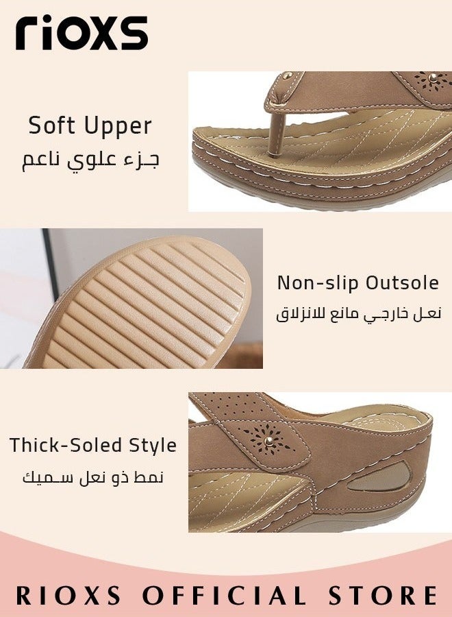 RIOXS Women's Fashion Wedge Flip Flops Casual Summer Slippers with Arch Support Staps Non-slip Platform Sandals for Indoor or Outdoor Use  - Image 4