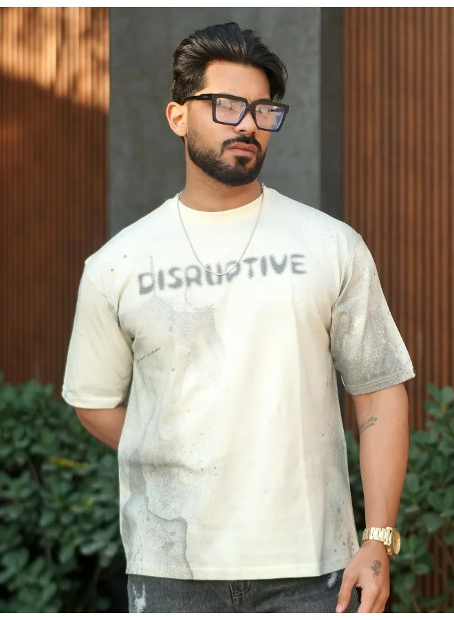 مانياك Maniac Mens Spray Printed Disruptive Round Neck Half Sleeve Cream Cotton T-Shirt