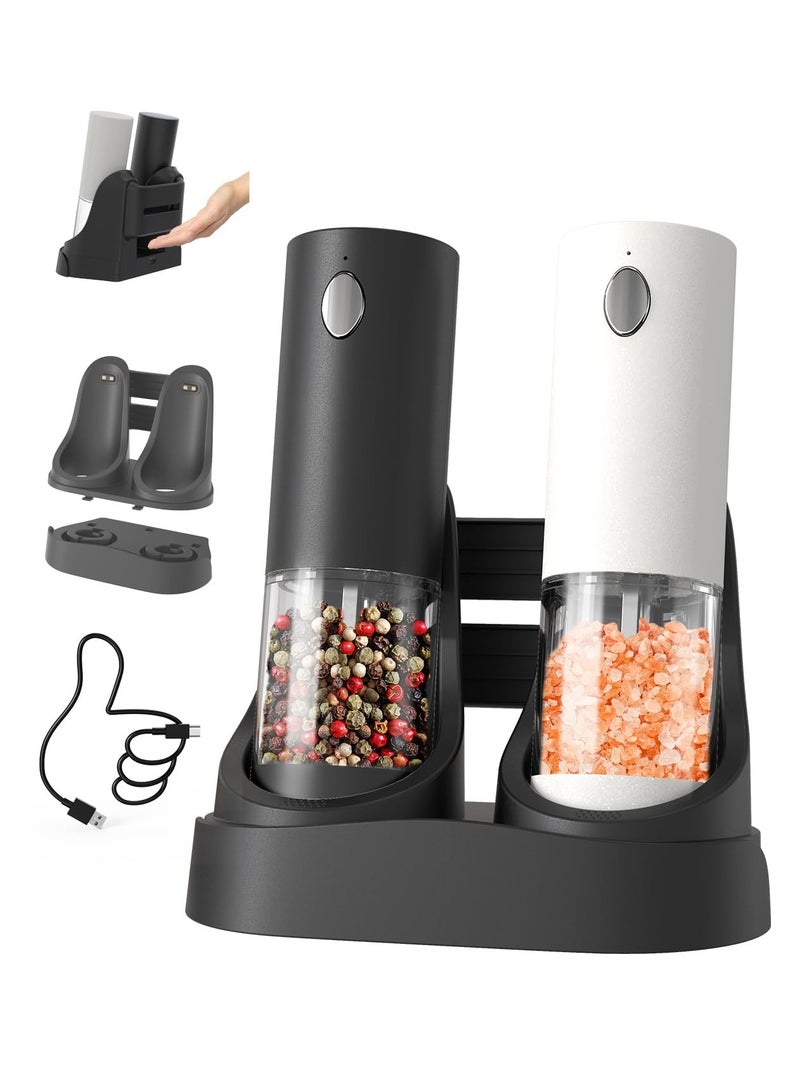 كيلا مطحنة ملح وفلفل كهربائية أوتوماتيكية مع قاعدة شحن USB وإضاءة LED بيضاء - قابلة لتعديل النعومة وحاوية قابلة للغسل (أدوات مطبخ ذكية) - Image 1