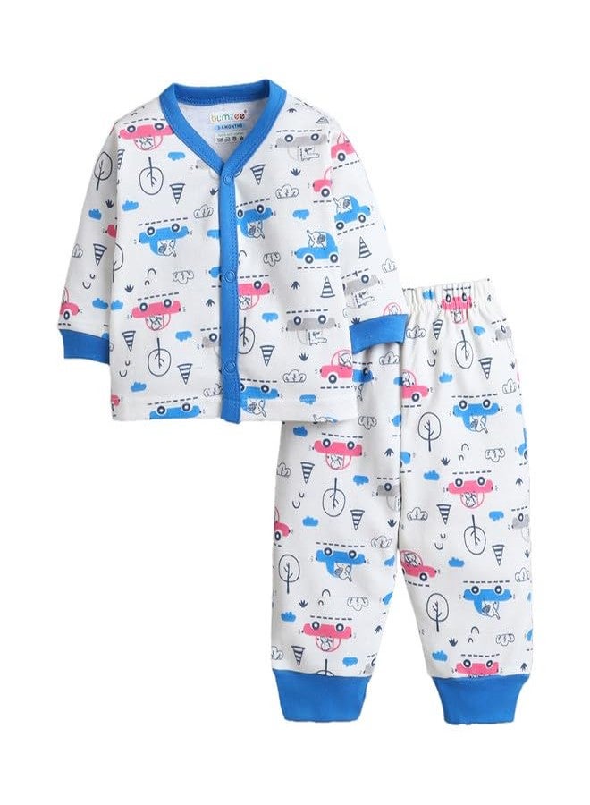 BUMZEE Baby Boys Cotton Round Neck Full Sleeves Graphic Print Jabla & Pyjama Set Off White & Blue - 6-9 Months (Peb11228D-owt) - Image 1