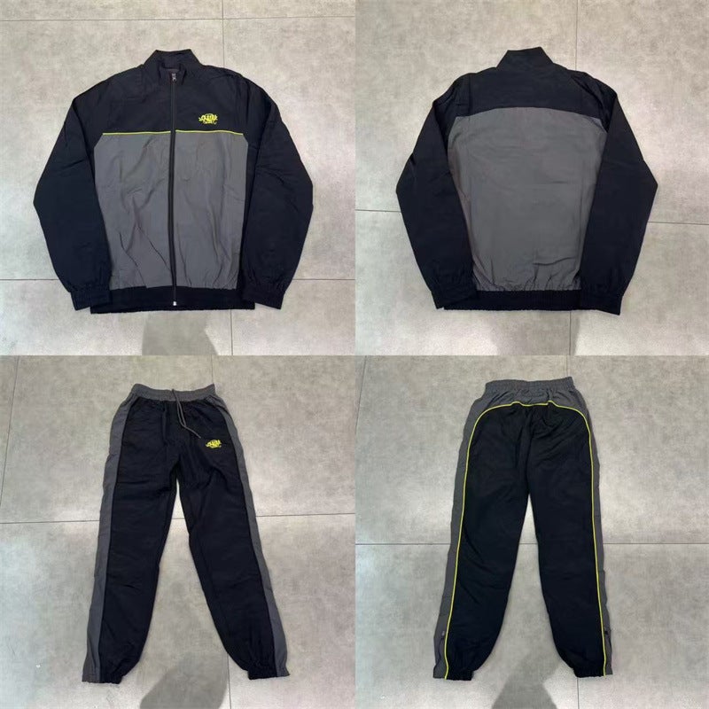 Syna Drill Style American Style Street Hip Hop Embroidered Logo Stitching Collar Windbreaker Jacket Casual Pants suit Black suit - Image 1