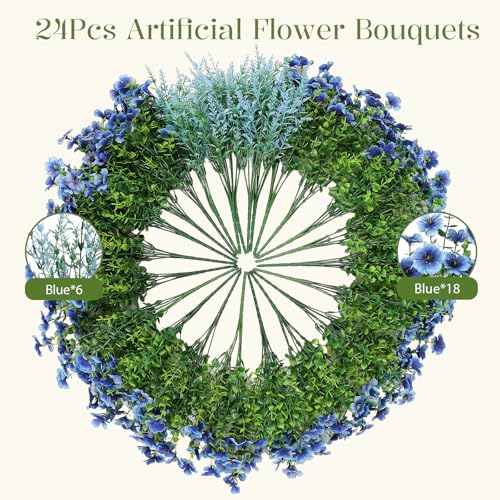SHareconn 24 Bundles Artificial Flowers for Outdoors Decoration Faux Plants Fake Silk Colorful Daisy Eucalyptus Lavender UV Resistant for Outside Home Porch Patio Indoor Spring Decor Blue - Image 3