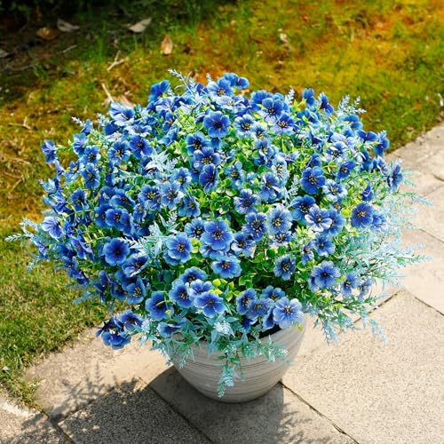 SHareconn 24 Bundles Artificial Flowers for Outdoors Decoration Faux Plants Fake Silk Colorful Daisy Eucalyptus Lavender UV Resistant for Outside Home Porch Patio Indoor Spring Decor Blue - Image 1
