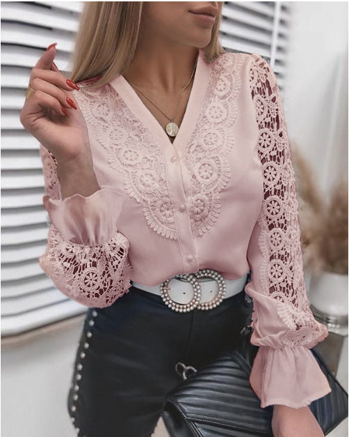 2022 Trendy Lace V-Neck Womens Blouse Lotus V-neck  - Image 1