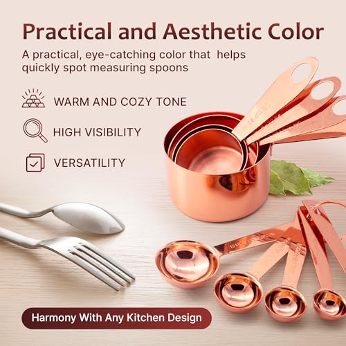 AGRUS Measuring Cups and Spoons Set of 9, Utensils for Dry and Liquid Ingredients, Copper Kitchen Accessories, Rose Copper Decor for Home, Stackable, Sturdy Stainless Steel - Image 3