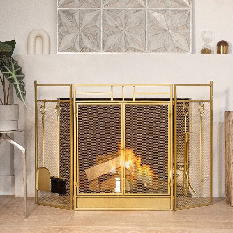 Barton Barton 48 Fireplace Screen 3Panel Folding Magnetic Doors with 4Pieces Fire Place Tools Set Steel Fire Spark Guard Gold 