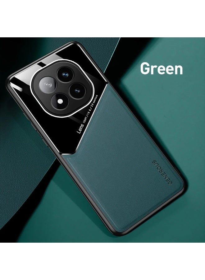 جراب متوافق مع هاتف Xiaomi Redmi Note 14 Pro 5G، غطاء فاخر من الجلد والزجاج مع حامل مغناطيسي للسيارة، غطاء هاتف بإطار ناعم من السيليكون - أخضر - Image 1