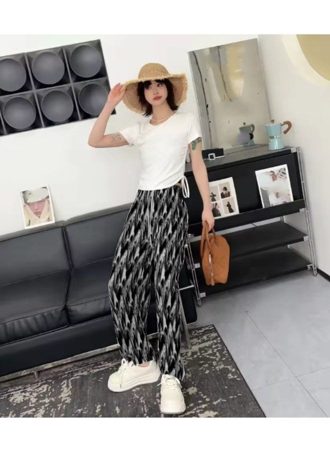 بنطلون واسع الساق بمقاس حر للنساء في الصيف، بنطلون فضفاض مستقيم بتصميم صبغ التعادل - Image 3