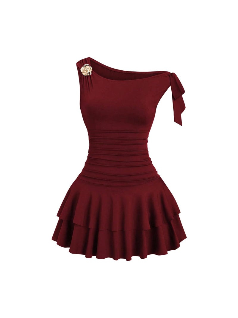 Floerns Women's Mini Dress Off The Shoulder Metal Floral Sleeveless Layered Hem Going Out Dresses Burgundy Medium - Image 1