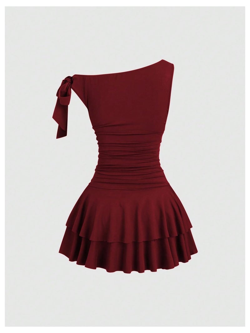 Floerns Women's Mini Dress Off The Shoulder Metal Floral Sleeveless Layered Hem Going Out Dresses Burgundy Medium - Image 2