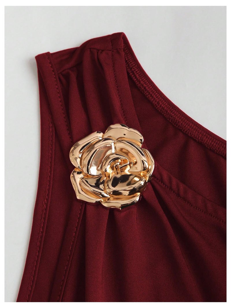 Floerns Women's Mini Dress Off The Shoulder Metal Floral Sleeveless Layered Hem Going Out Dresses Burgundy Medium - Image 4