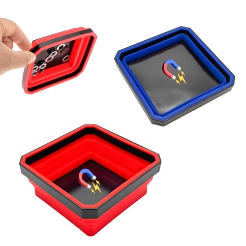 Yourkar, 2 PCS Collapsible Magnetic Parts Tray, 4.5 Inch Foldable Magnetic Square Silicone Tray, Tool Tray Set with Double-Sided Magnetic Base for Screw Bolts Nuts Pins, Car Accessories (Red+Blue) - Image 1