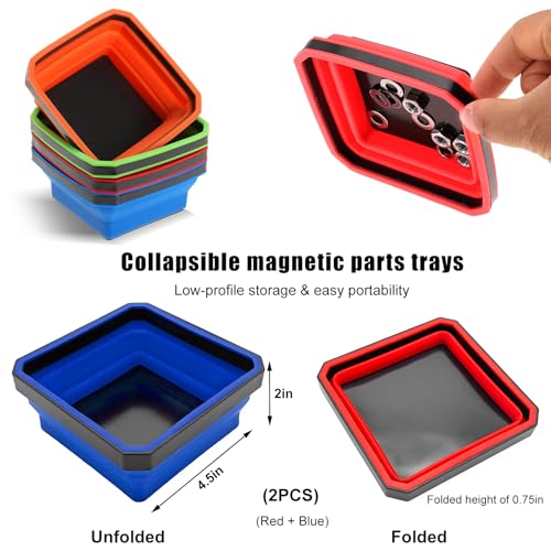 Yourkar, 2 PCS Collapsible Magnetic Parts Tray, 4.5 Inch Foldable Magnetic Square Silicone Tray, Tool Tray Set with Double-Sided Magnetic Base for Screw Bolts Nuts Pins, Car Accessories (Red+Blue) - Image 2