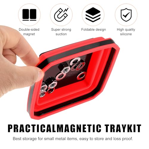 Yourkar, 2 PCS Collapsible Magnetic Parts Tray, 4.5 Inch Foldable Magnetic Square Silicone Tray, Tool Tray Set with Double-Sided Magnetic Base for Screw Bolts Nuts Pins, Car Accessories (Red+Blue) - Image 3